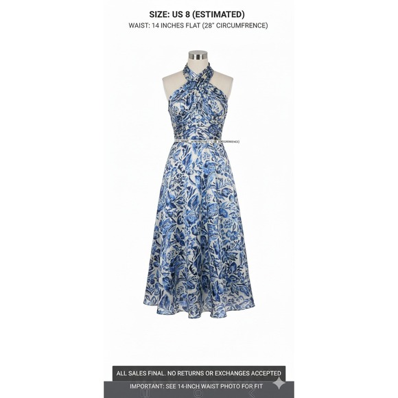 Auth RALPH LAUREN PURPLE LABEL Runway Silk Halter Dress Blue Floral Porcelain 8 - Picture 7 of 16